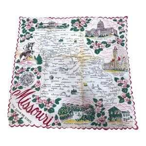 Vtg Missouri Souvenir Handkerchief Map Landmarks State Capitol Mark Twain READ